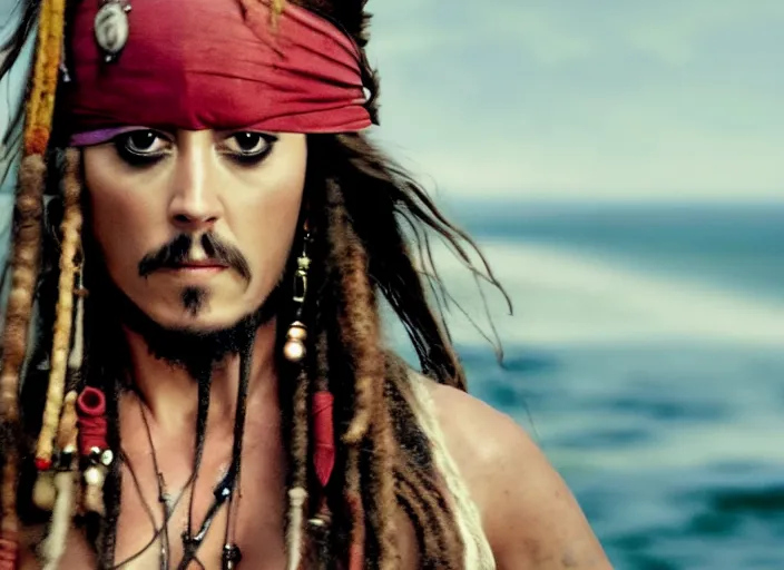 Image similar to film still of amber heard as captain jack sparrow in the new pirates of the carribean movie, 4 k