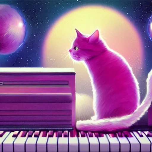 Image similar to an fluffy cat playing an piano, synthwave, digital art, oil painting, 3 d