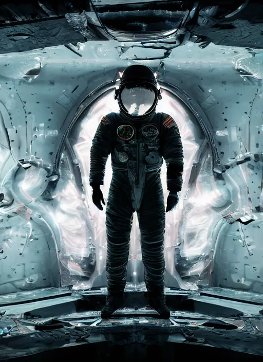 Prompt: complex poster by craig mullins astronaut in futuristic dark and empty spaceship underwater. infrared pink glowing lights. complex and hyperdetailed technical suit. reflection and dispersion materials. rays and dispersion of light. volumetric light. 5 0 mm, f / 3 2. noise film photo. flash photography. unreal engine 4, octane render. interstellar movie art