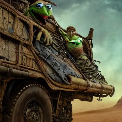 Prompt: Epic Masterpiece action shot of Kermit the frog as the doof warrior in Mad Max: Fury road (2015), drawn by Donato Giancola and Tom Bagshaw, Edmund Leighton, Alphonse Mucha, 4k, volumetric lighting, komorebi, trending on artstation, octane render, hyperrealistic