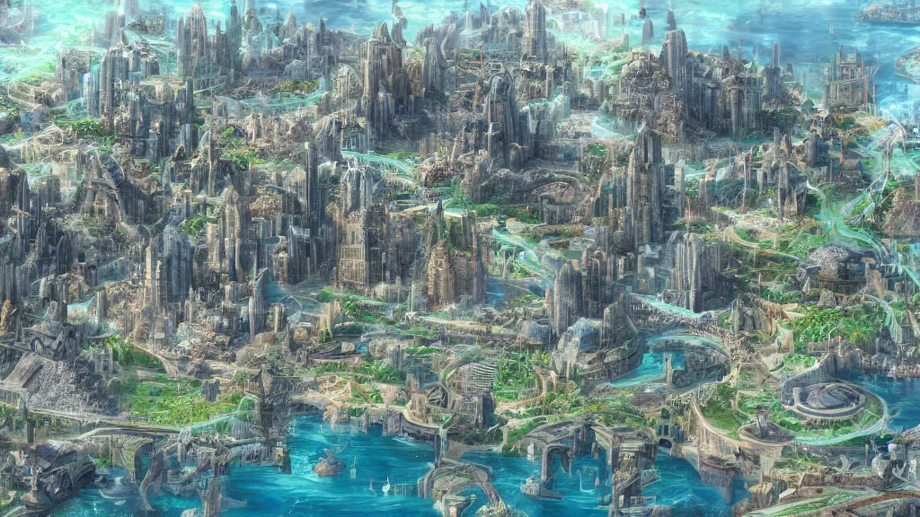 Image similar to digital painting of the advanced city of atlantis at its peak, circa 3 0 0 0 bc