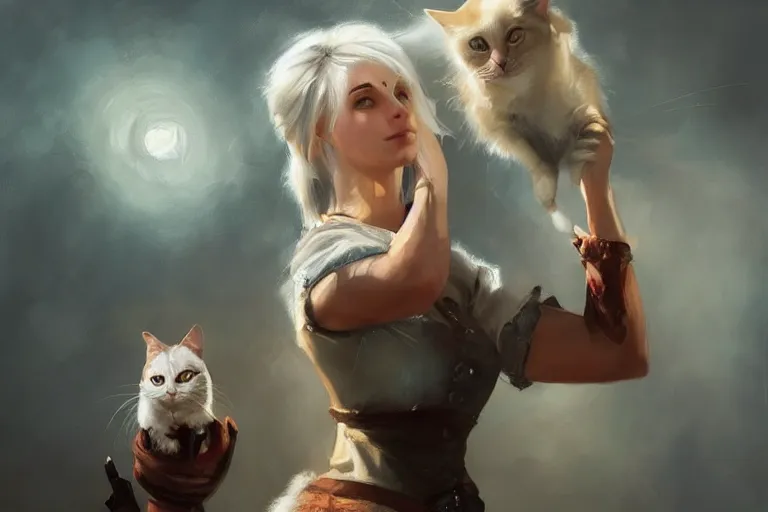 Image similar to Ciri holding a cat, beautiful lighting, expressive oil painting, trending on artstation, digital art