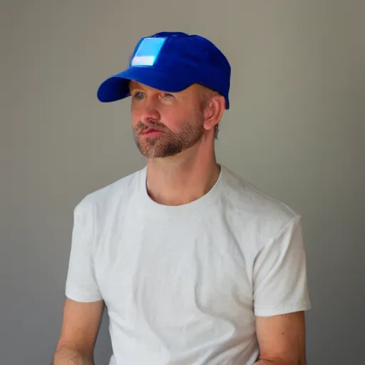 Image similar to color photograph of a 40 year old white Polish skinny man with short, curly, blond hair and very small blue eyes, dressed in a white t shirt, gray shorts and a gray cabby cap, with a small mole to the right of his very thin lips, with a straight nose and blond stubble, with a round face, and an earring in the left ear. He resembles a lion.