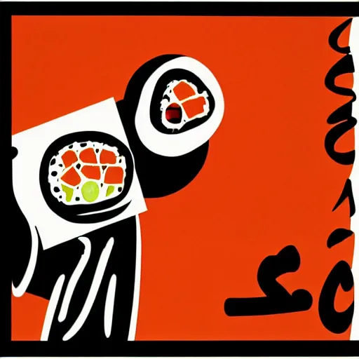 Prompt: Cowboy eating sushi by Saul Bass, poster, movies, 1960s