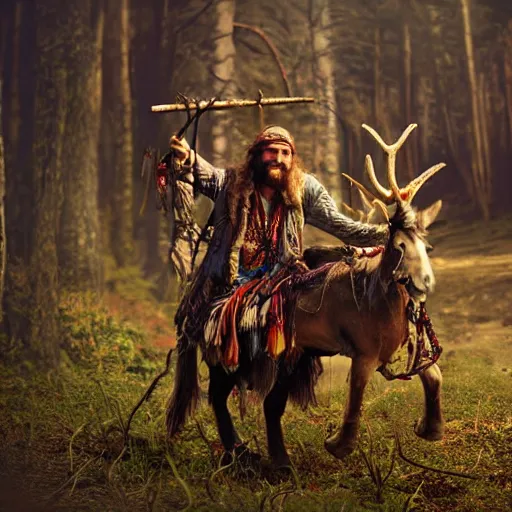 Image similar to hippie tribal hobo wearing twigs and leaves smiling sheepishly, riding tiny scuffy donkey with novelty oversized antlers, autumn forest, highly detailed, dramatic lighting, night time, cinematic, hyperrealistic, detailed, movie still from game of thrones