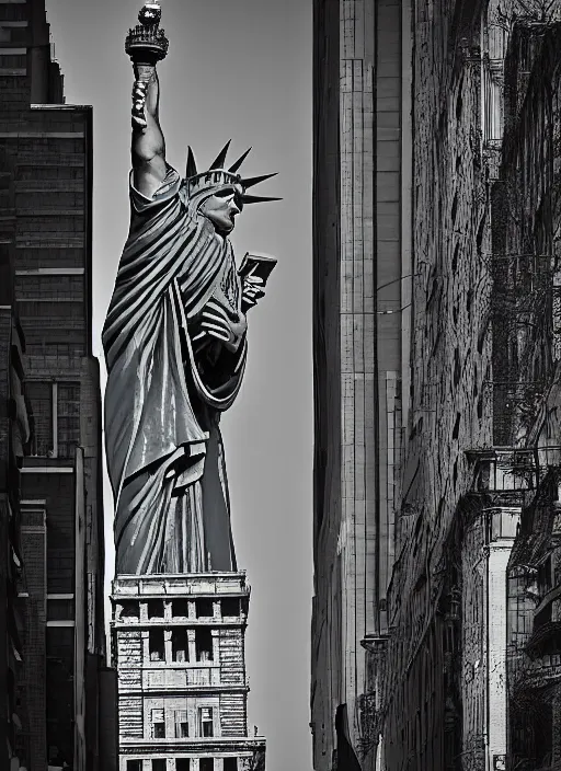 Image similar to giant monster walking between buildings, and it has the face of the statue of liberty