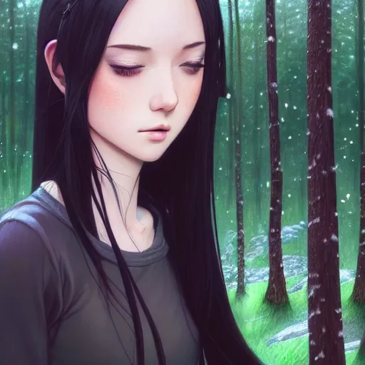 Image similar to a beautiful girl with long dark hair, wearing a black outfit, forest background, intricate, highly detailed, digital painting, artstation, official media, anime key visual, concept art, rich vivid colors, ambient lighting, sharp focus, illustration, art by Artgerm, Makoto Shinkai, Ilya Kuvshinov, Lois Van Baarle, and Rossdraws