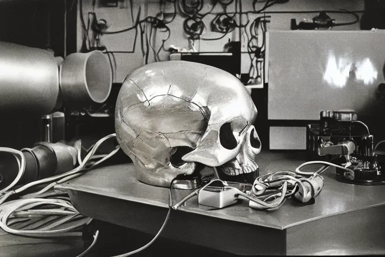 Image similar to large metallic skull sitting atop a pile of thick coiled power cable, stoic and calm, inside of an unlit 1970s science lab, ektachrome photograph, volumetric lighting, f8 aperture, cinematic Eastman 5384 film