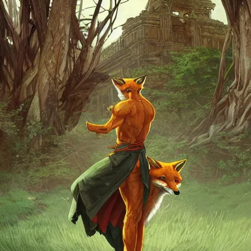 Prompt: An epic fantasy comic book style portrait of a fox as a martial arts expert, temple ruins surrounded by lush meadow and big pines, intricate, elegant, highly detailed, digital painting, artstation, concept art, matte, sharp focus, illustration, art by Artgerm and Greg Rutkowski and Alphonse Mucha