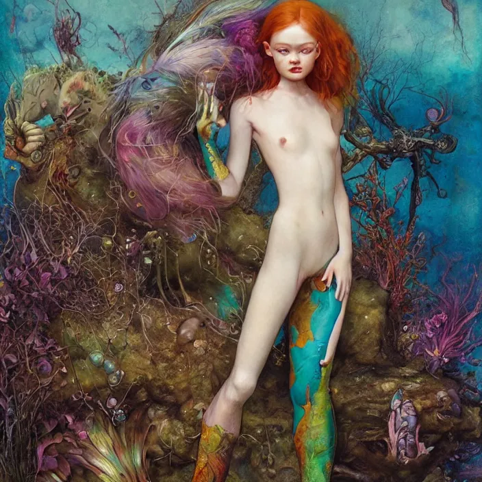 Image similar to a fashion editorial of sadie sink as a brightly colored mermaid alien hybrid with wet mutated skin. wearing an growing organic catsuit. by tom bagshaw, donato giancola, hans holbein, walton ford, gaston bussiere, brian froud, peter mohrbacher and magali villeneuve. 8 k, cgsociety