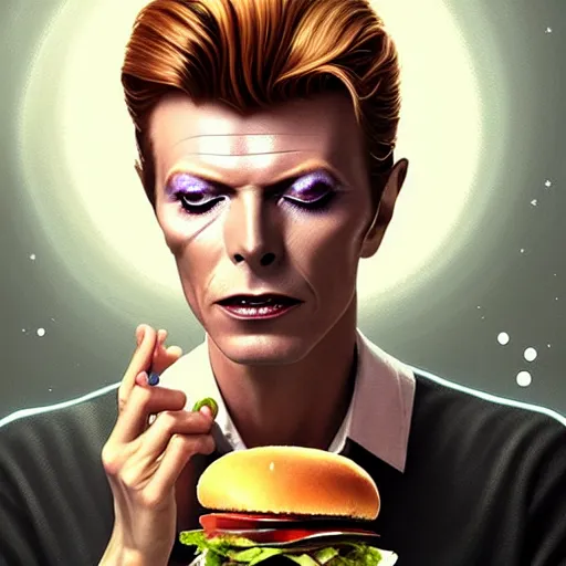 Image similar to portrait of david bowie eating hamburgers, extra onions and ketchup, luscious patty with sesame seeds, ethereal, handsome, d & d, fantasy, intricate, elegant, highly detailed, digital painting, artstation, concept art, matte, sharp focus, illustration, art by artgerm and greg rutkowski and alphonse mucha