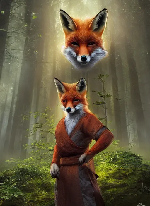 Image similar to Beautiful art portrait of a fox in monk clothing as a fantasy martial arts expert in a bright temple surrounded by lush forest, atmospheric lighting, intricate detail, cgsociety, hyperrealistic, octane render, RPG portrait, ambient light, dynamic lighting