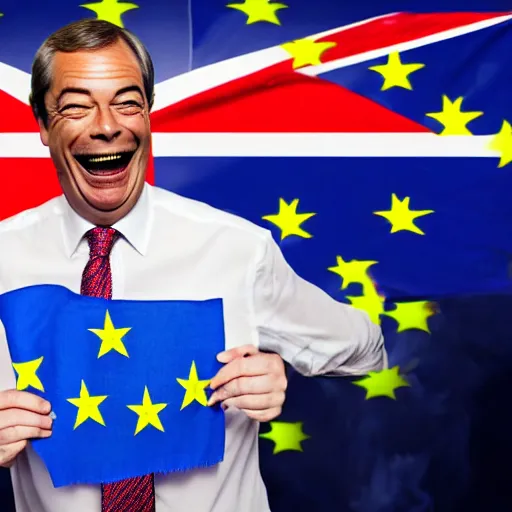 Image similar to nigel farage laughing holding burning eu flag, studio photograph, hd, studio