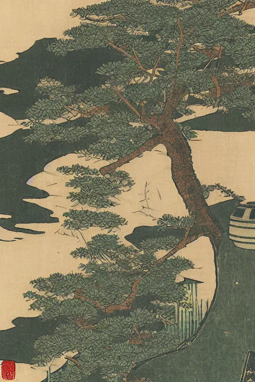 Prompt: Japanese woodblock print of r2d2 in a japanese garden, hokusai