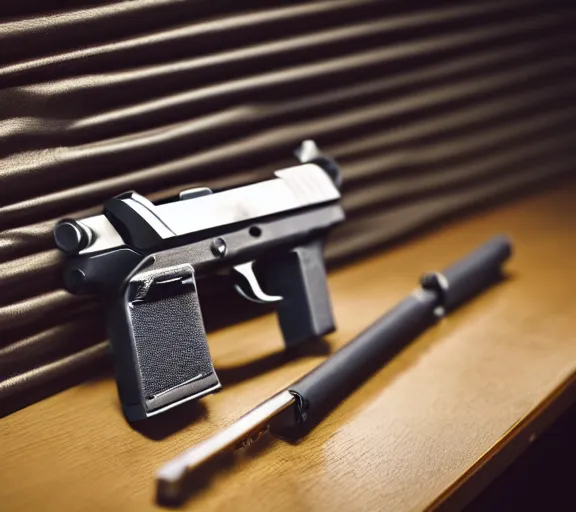 Image similar to a full shot photo of a pistol gun laying on a desk