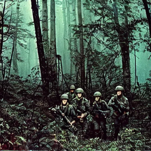 Prompt: wide shot, a squad of American Soldiers patrolling deep in the thick, forest, painting, colored, eerie, ominous, Lovecraftian, eldritch horror, 1969