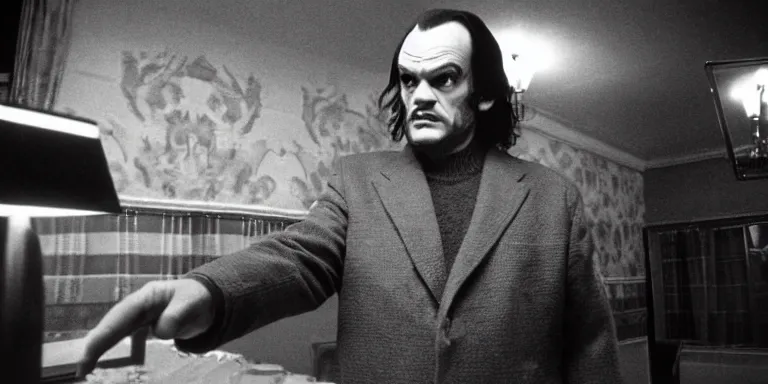 Image similar to photorealistic ultra wide cinematography of the character jack torrance played by jack nicholson from stanley kubrick's 1 9 8 0 film the shining sitting at the overlook hotel's gold ballroom bar starring right at the camera shot on 3 5 mm eastman 5 2 4 7 film by the shining cinematographer john alcott shot on a wide kinoptik tegea 9. 8 mm lens.