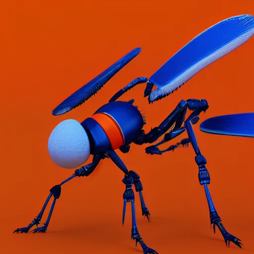 Image similar to 3D render of a robot mosquito with a white background with a orange border and a blue gradient background with two orange circles High detail, octane render