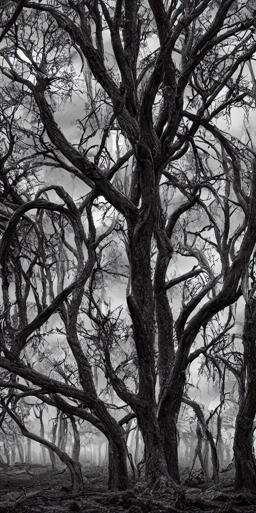 Image similar to dead old trees intricated together on a dry land,Highly Detailed, Cinematic Lighting, rim light, hyper real, black and white, photo-realistic Unreal Engine, 8K