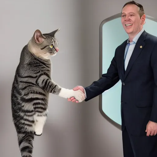 Image similar to cat astronaut shakes the hands with president