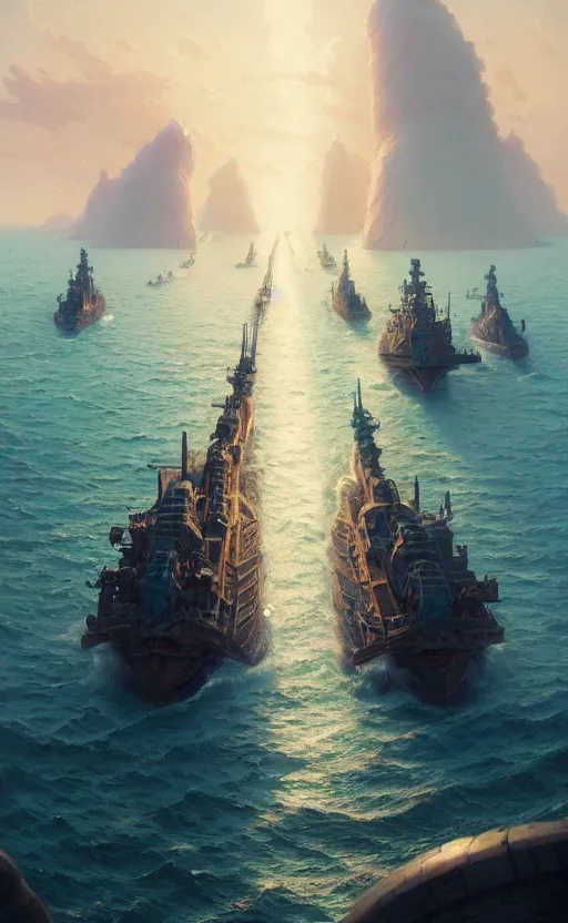 Prompt: highly detailed surreal vfx portrait of an battle of ancient warships, stephen bliss, unreal engine, greg rutkowski, loish, rhads, beeple, makoto shinkai and lois van baarle, ilya kuvshinov, rossdraws, tom bagshaw, global illumination, detailed and intricate environment