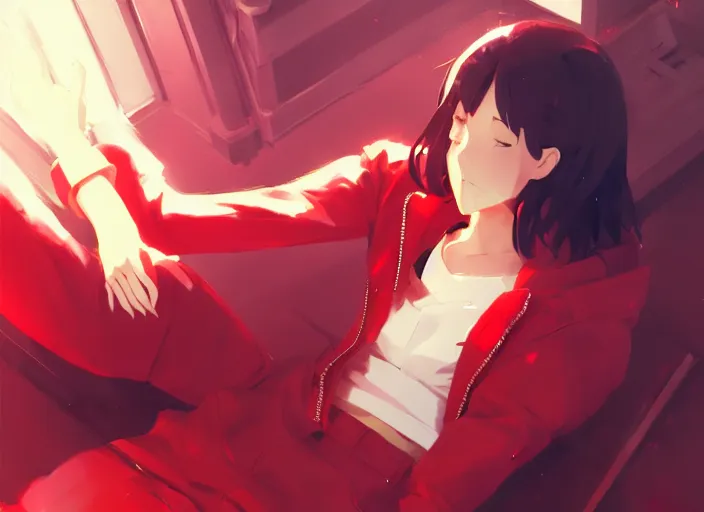 Image similar to a stylish woman in a red jacket and sneakers laying on the ground, illustration concept art anime key visual trending pixiv fanbox by wlop and greg rutkowski and makoto shinkai and studio ghibli and kyoto animation, grimdark, symmetrical facial features, dieselpunk, backlit