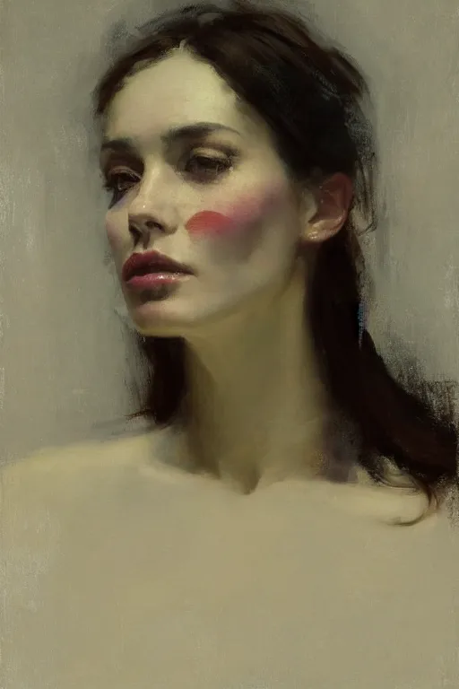 Image similar to Richard Schmid and Jeremy Lipking and Roberto Ferri full length portrait painting of a young beautiful woman