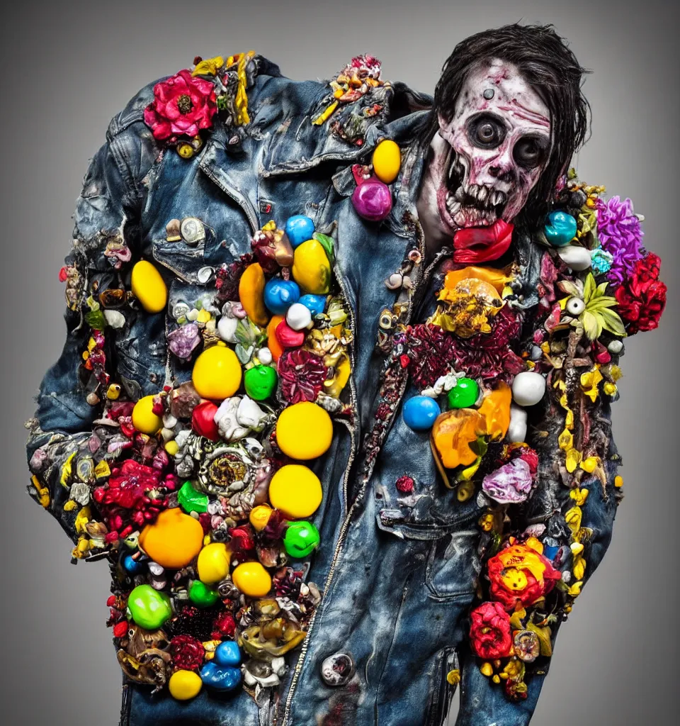 Prompt: bodyshot of a zombie punk rock star, leather jacket, ripped jeans, head made of fruit gems and flowers in the style of arcimboldo, photorealistic, action figure, clay sculpture, claymation, gray blue and yellow, dramatic stage spotlight lighting