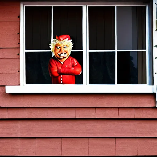 Prompt: guy fieri lawn gnome watching through the window, realistic 4k photo