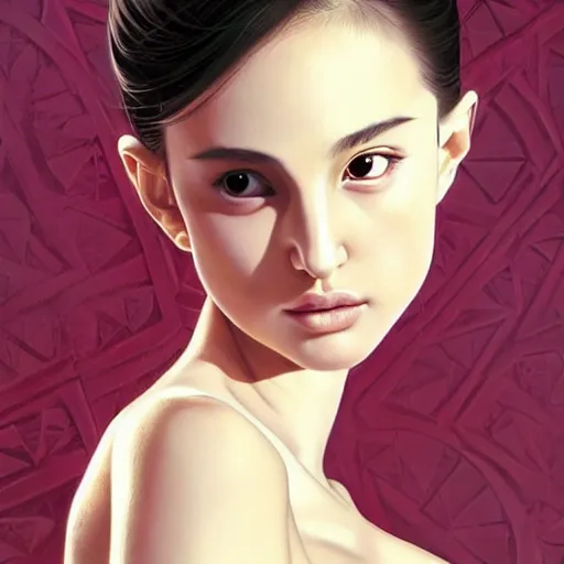 Image similar to a beautiful young japanese natalie portman alluring gravure model, wearing elegant designer tank top, elegant tank top with mesoamerican patterns, by akira toriyama and wlop and ilya kuvshinov and artgerm and, aesthetic, gorgeous, stunning, alluring, attractive, artstation, deviantart, pinterest, digital art