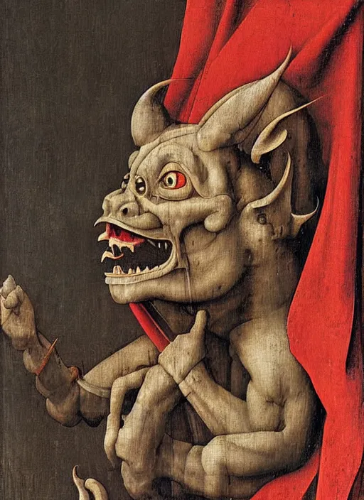 Prompt: red devil Gargoyle, Medieval painting by Jan van Eyck, Hieronymus Bosch, Florence