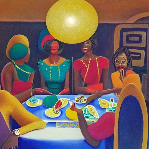 Prompt: dark skinned people eating at a regal buffet ultra detailed beautiful setting elegant event nigerian party minimalist gold ornaments iridescent 3d abstract lighting glamour in the style of edward hooper and henri matisse yinka shonibare oil painting