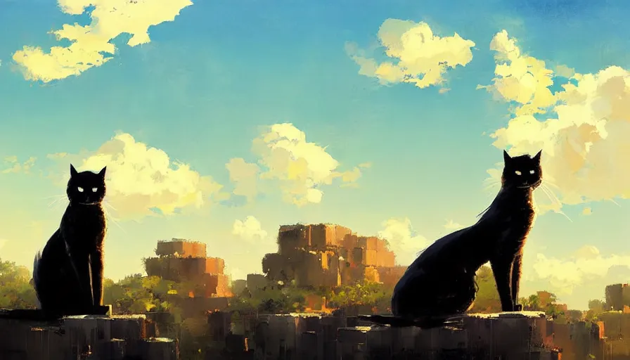 Image similar to contemporary semi abstract acrylic painting of really tall sitting cats by makoto shinkai, by greg rutkowski, thick brush strokes and visible paint layers, glistening clouds in background