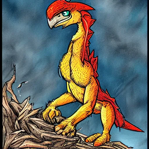 Image similar to raptor, griffin, comic, art, colorful, detailed fire, sitting in a nest