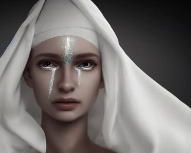 Image similar to a film still of a synthetic female human wrapped in white cloth, beautiful, tribal facepaint, cinematic lighting, high resolution, 4 k