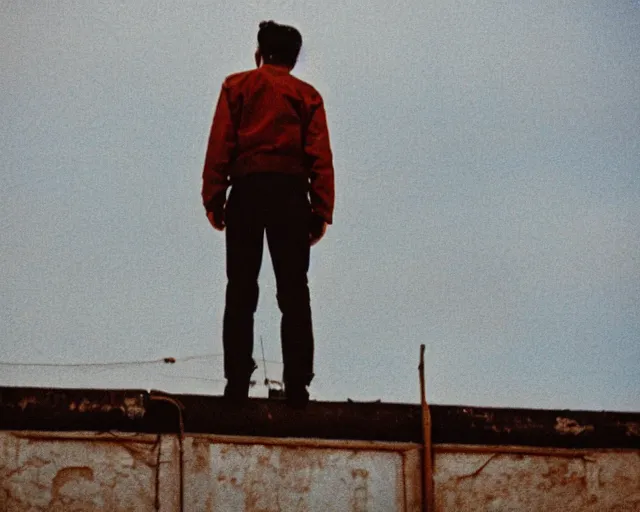 Image similar to lomo photo of man standing on the roof of soviet hrushevka, small town, cinestill, bokeh, out of focus