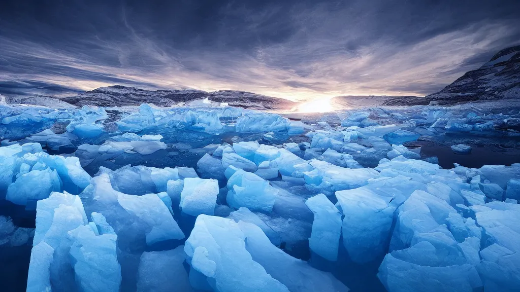Prompt: blue icebergs of the frigid north, dramatic, ultra - wide angle, long exposure, ultra - hd, beautiful lighting, ray tracing ambient illumination, in a symbolic and meaningful style, heavenly perspective, trending, award wining, featured, concept art, hyper realism
