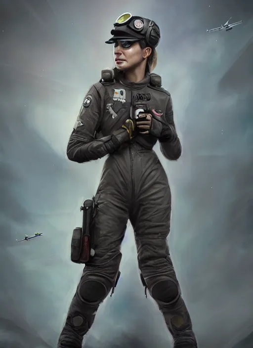 Image similar to full body concept art airbrushed painting of a female pilot, airbrushed painting, stunning, featured on artstation, cinematic lighting, hyperdetailed, cgsociety, 8k, dramatic, dark atmosphere, alluring