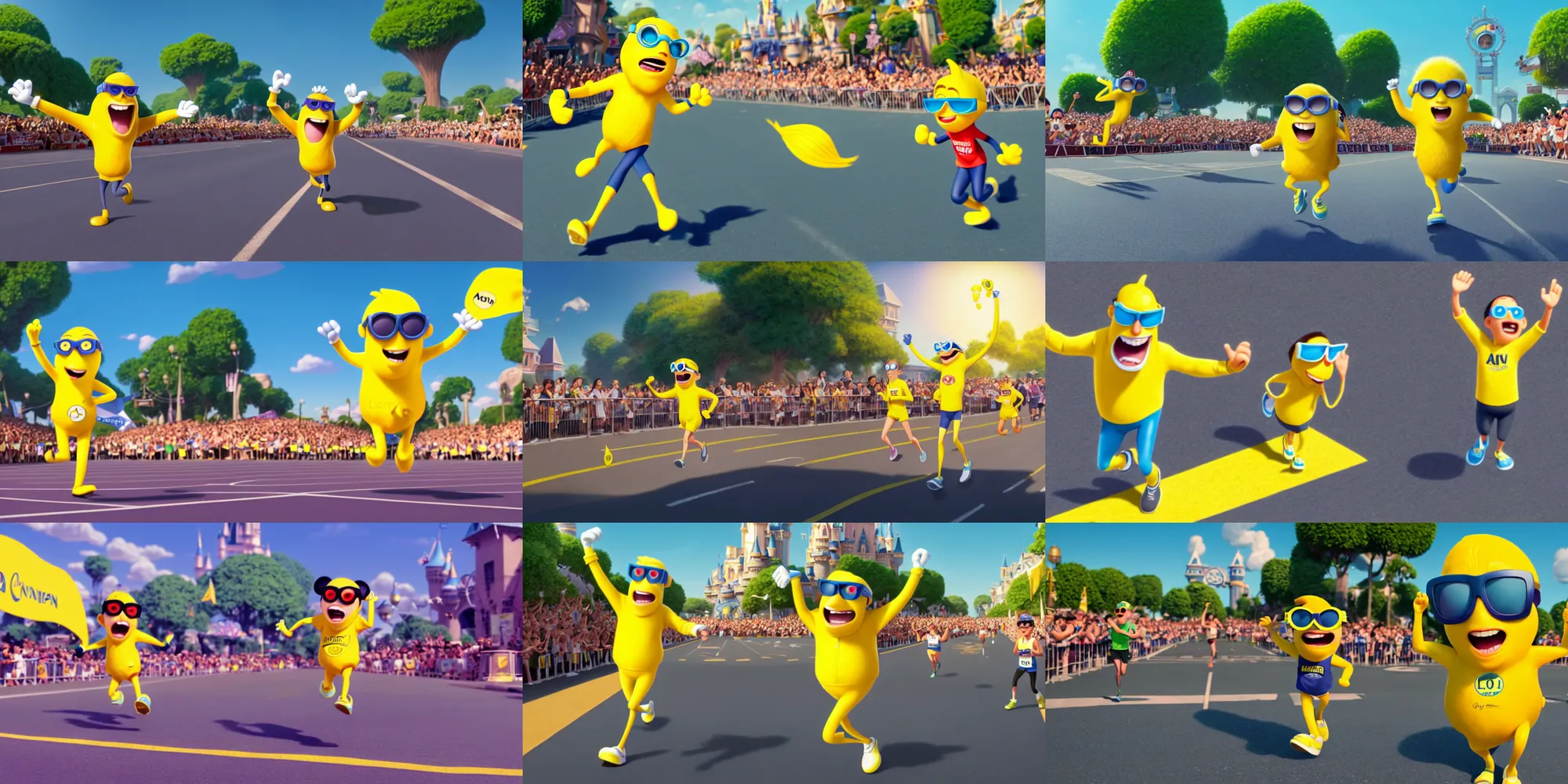 Prompt: a wholesome animation key shot of lemon winning a marathon at the finish line, wearing sunglasses, medium shot, waist up, pixar and disney animation, sharp, rendered in unreal engine 5, anime key art by greg rutkowski, bloom, dramatic lighting