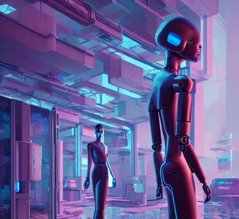 Image similar to hyperrealism stock fashion photography of highly detailed stylish humanoid robot in sci - fi cyberpunk style by gragory crewdson and vincent di fate with many details by josan gonzalez working in the highly detailed data center by mike winkelmann and laurie greasley hyperrealism photo on dsmc 3 system rendered in blender and octane render