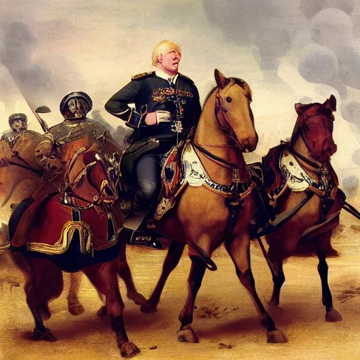 Prompt: found footage of general boris johnson leading his men into battle, glorified image, 8k, oil painting, renaissance style, fibbonacci layout