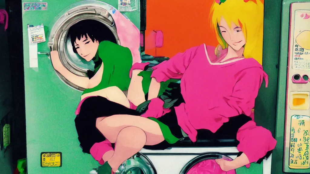 Image similar to a girl with green hair sitting on top of a washing machine in a laundromat in the style of Tsuguharu Fujita, pink yellow red and green