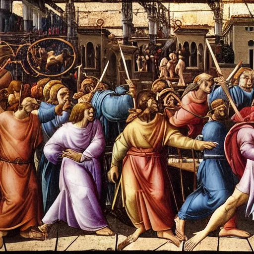 Image similar to painting of jesus christ attacking the money changers outside the temple, donatello, giotto, leon battista alberti, cimabue, filippo brunelleschi, fra angelico, lorenzo ghiberti, hildegard of bingen, giotto di bondone