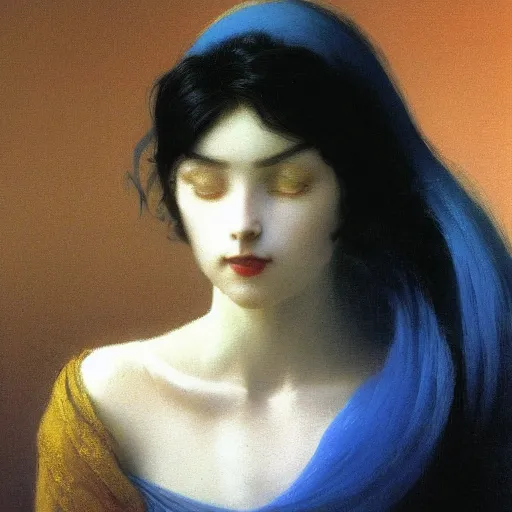 Prompt: a young woman's face, her hair is silver white and she wears an indigo blue satin cloak, by ivan aivazovsky and syd mead and moebius and gaston bussiere and roger dean and pieter claesz and paul delaroche and alma tadema and aelbert cuyp and jan heem, hyperrealistic, volumetric light, octane render