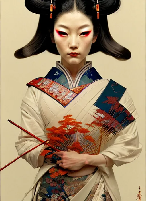 Image similar to Japanese cyborg geisha, diffuse lighting, fantasy, intricate, elegant, highly detailed, lifelike, photorealistic, digital painting, artstation, illustration, concept art, smooth, sharp focus, art by John Collier and Albert Aublet and Krenz Cushart and Artem Demura and Alphonse Mucha