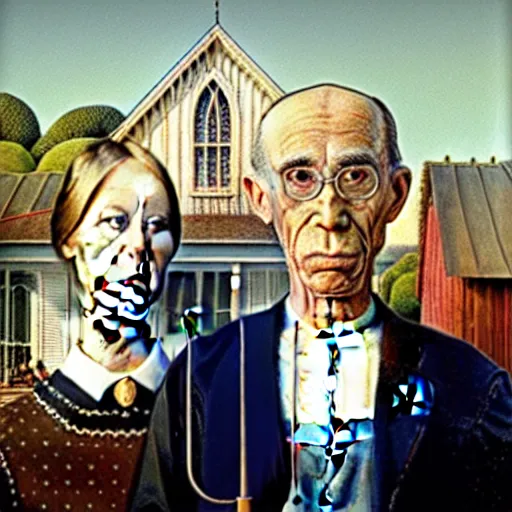 Image similar to american gothic painting but with donald trump and melania trump as the subjects, art station, high quality,