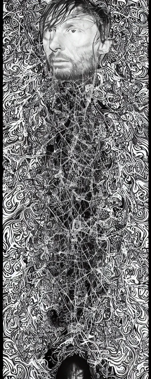 Image similar to disco diffusion portrait of Thom Yorke, hiding in the bushes looking shifty:: cosmic tarot card, intricate fractal details, broken physics, fanciful floral mandelbulb, black paper, style of Stanley Donwood