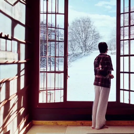Image similar to person in pyjamas standing near window, turned back to camera, cinematography, sun rays, daylight, big french door window, big spatious room, carpet at the floor, wide shot 2 4 mm, anamorphic shot lens, walls at left and right sides, window at the center, wooden floor, modern, winter sun, photorealistic, high ceiling
