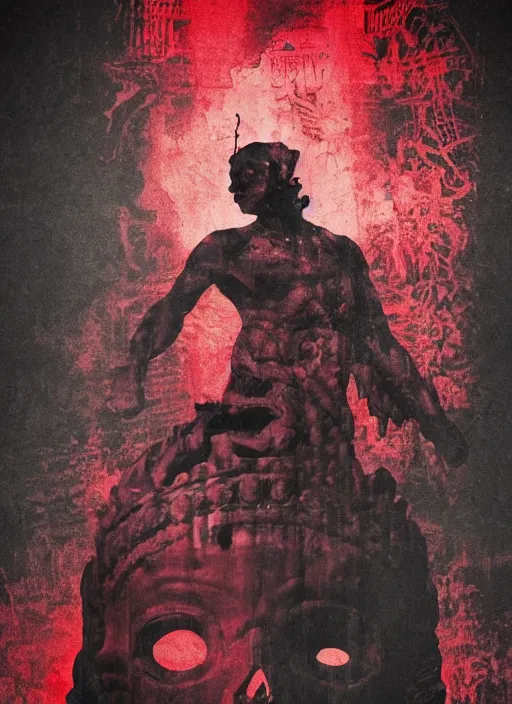Prompt: dark design poster showing a statue of julius caesar with a skull, black background with very subtle red and purple design elements, powerful, nekro, vito acconci, thin straight lines, dark, glitch art, neo vaporwave, gritty, layout frame, square, trending on artstation