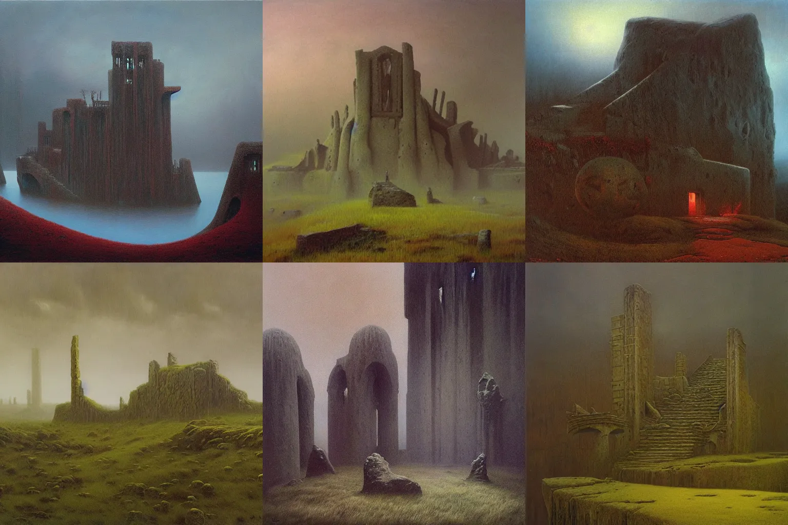 Prompt: weathertop ruins, rain, lonely, fantasy, oil painting, Zdzisław Beksiński